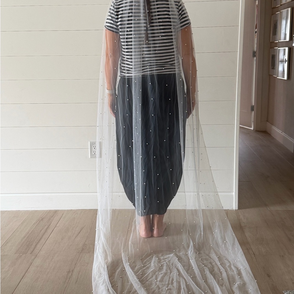 Sheer Pearl-Dotted Tulle Veil Catherdal Veil in Ivory